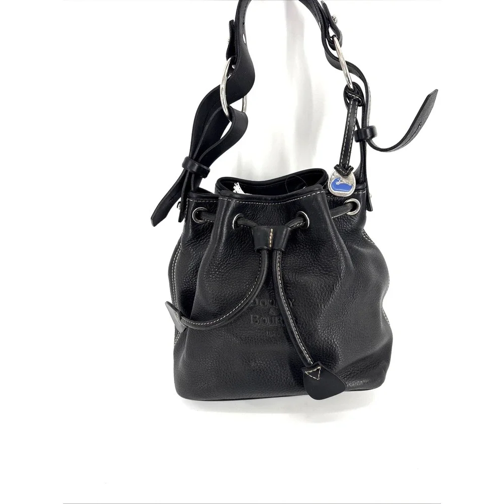 Dooney Bourke Vintage Black Pebble Leather Drawstring Bucket Shoulder Bag Purse